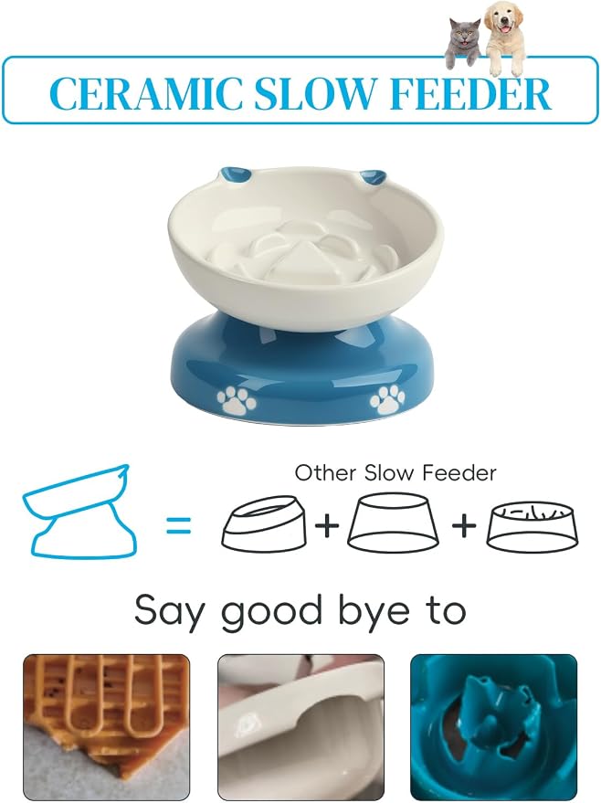 Y YHY Ceramic Slow Feeder Cat Bowl, Elevated Cat Bowl Tilted Design Slow Feeder for Dog and Cat for Dry and Wet Food, Blue - Image 4