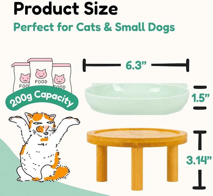 Elevated Ceramic Cat Bowls with Bamboo Stand for Cat Bowl, Whisker Friendly Shallow Cat Plate, Stable Raised Cat Food Riser for Indoor Cats (Green, Set of 1) - Image 2