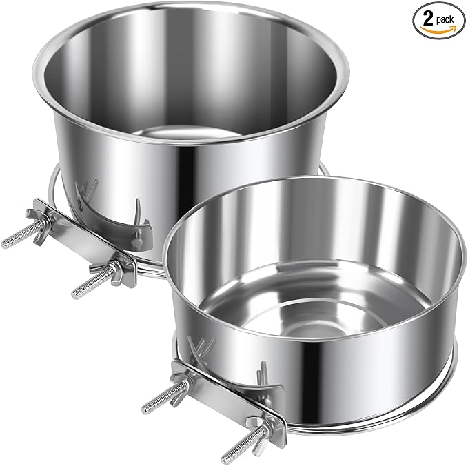 2 Pcs Stainless Steel Large Dog Crate Food Water Bowl, 82 & 56 OZ | Non-Spill, Detectable, Hanging Cage, Crate Feeder Dish with Clamp Holder for Large Pets, Size 7.1x3.7'' & 7.1x2.5'' by YummySam