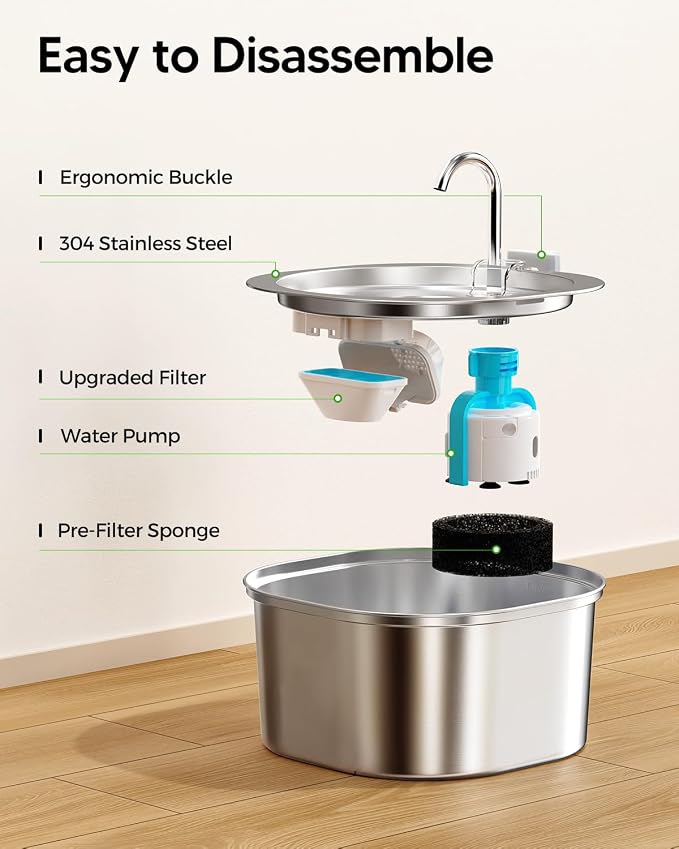 PEKTACO Cat Water Fountain, 3.2L Pet Drinking Fountain with 3 Filters | Stainless steel cat drinking fountain, dishwasher safe, with triple filtration, quiet pump, faucet for cats and small pets - Image 7