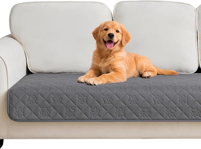 PAWFINITY Waterproof Couch Covers for Dogs, Pet Blanket for Sofa Washable | Paw Print Quilted, Hair Resistant, Anti Cat Scratch, Pee Proof Furniture Protector for 3 Seat Sofa and Bed, 30x75 Inch, Grey by Pawfinity