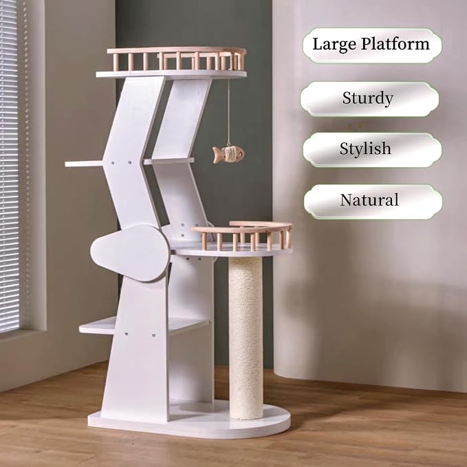 SHENGOCASE Modern Wooden Cat Tree Tower for Window Viewing Watching, 54.3 Inches Tall, 5-Level Large Perch Platform with Sisal Scratching Post, White - Image 5