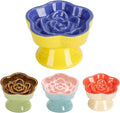 S&Q's CERAMICS Raised Slow Feeder Cat Bowl, Ceramic Elevated and Titled Pet Food Bowl, Small Dogs Slow Feeder, Flower Shaped Dish for Dry and Wet Food (Blue, 5.8") by SQsCeramics