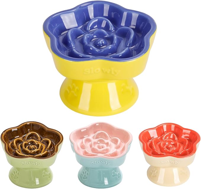 S&Q's CERAMICS Raised Slow Feeder Cat Bowl, Ceramic Elevated and Titled Pet Food Bowl, Small Dogs Slow Feeder, Flower Shaped Dish for Dry and Wet Food (Blue, 5.8") by SQsCeramics