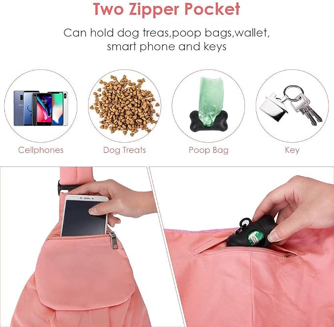 SlowTon Pet Carrier, Hard Bottom Support & Adjustable Padded Shoulder Strap | Dog Sling Carrier, Dog Purse with Drawstring Opening & Safety Belt, Zipper Pocket, for Small Puppy Cat up to 9lbs, Peach - Image 6