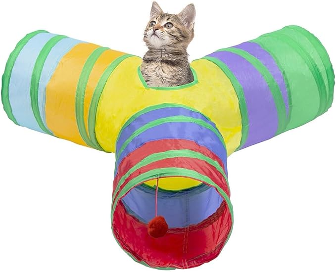 3 Way Cat Tunnel Collapsible Fun Pet Play Tube Toys for Cats, Kittens, Puppies & Rabbits - Portable Tunnel with Hanging Ball for Indoor Play, Hideout & Exercise by Bigladious