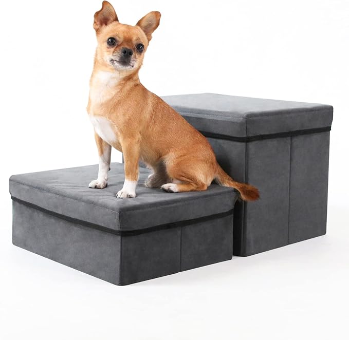 Foldable Dog Stairs with Storage | 2-Step Non-Slip Pet Steps for High Beds and Couch, Hidden Storage Dog Ladder for Small & Medium Dogs, Cats, Grey by RYpetmia