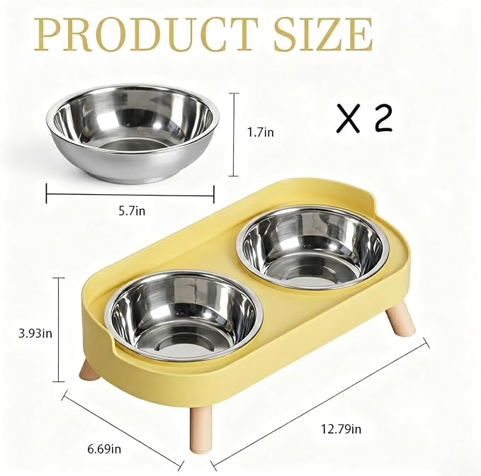 Elevated Cat Bowls, 2 Stainless Steel Raised Cat Food and Water Bowl Set, Splash Proof & Non-Slip, Whisker Fatigue Friendly, Dishwasher Safe for Cats and Small Dogs - Yellow - Image 3