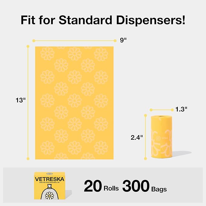 VETRESKA Daisy Scented Dog Poop Bags, 300 Counts, Leak-proof | Extra Thick and Large Pet Waste Bags for Dog Walking and Cat Litter, 20 Refill Rolls - Image 3