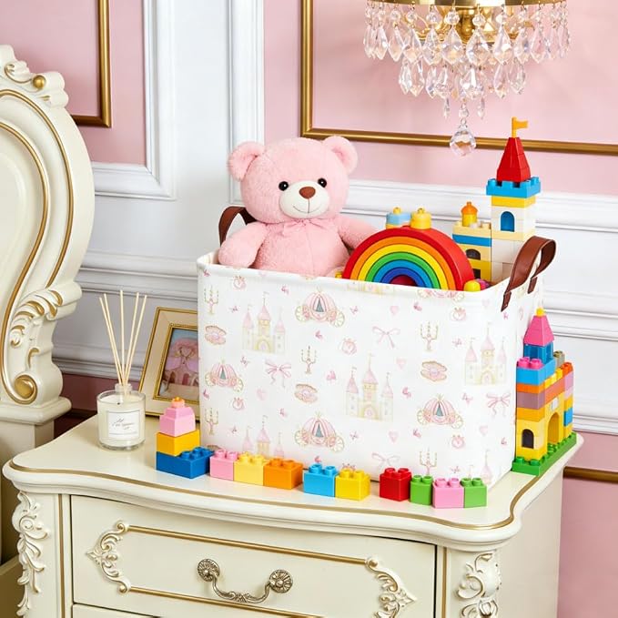 Rectangular Pink girl princess basket,Pink Baskets,Collapsible waterproof storage basket,Books Box,Girl room Decor,Gift Baskets(Pink Princess) - Image 6