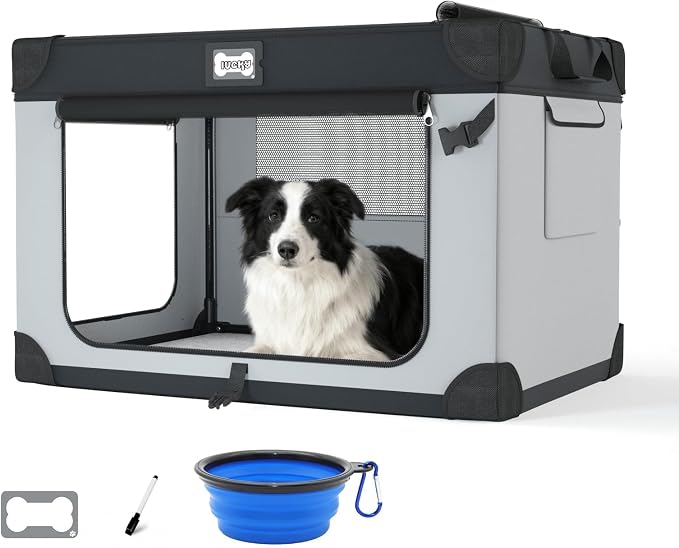 36 Inch Collapsible Travel Dog Crate Black&White with Sturdy Metal Frame | Waterproof and Easy to Clean，Home & Car Use，Soft Blanket and Foldable Bowl,Storage Bag,Signature Card,Portable for Camping by Unknown