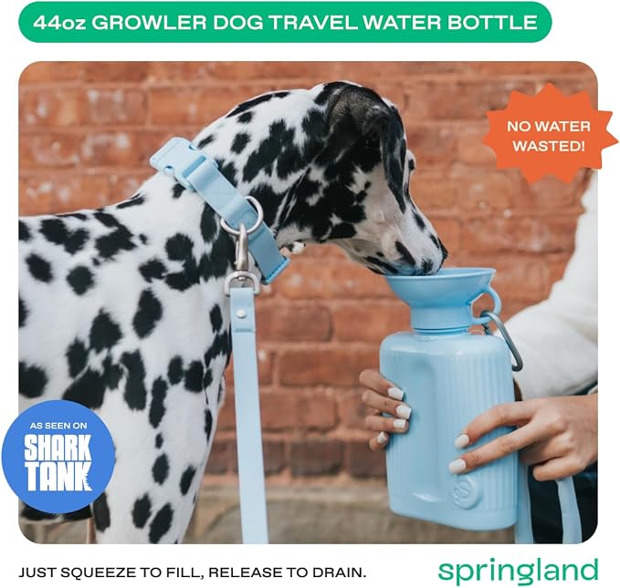 Springland 44oz Classic Portable Dog Water Bottle with Built-in Bowl, Blue | Leak-proof, BPA-free, one-hand squeeze, for travel & hiking, fits car cup holders, great dog gift, as seen on Shark Tank - Image 2