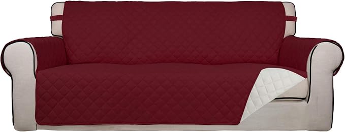 PureFit Reversible Quilted Sofa Cover Dog Couch Covers for Sofa, 66 in | Red/Ivory, Water Resistant Couch Protector, Washable Pet Couch Cover with Non Slip and Elastic Straps For Kids by PureFit