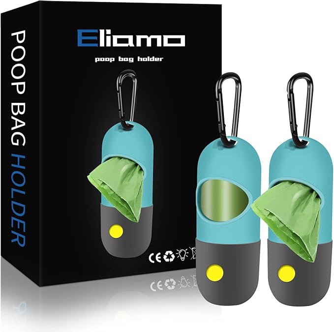 2 Pack Dog Poop Bag Dispenser with Built-in LED Flashlight, Pet Waste Bag Holder for Leash with Carabiner Clip for Lead Leash, 2 Rolls Leak-proof Doggy Waste Bags for Dog Walking, Blue,Eliamo by Eliamo