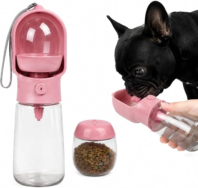 2-in-1 Dog Cat Portable Water & Food Travel Dispenser Bottle(Pink) | 2-in-1 travel pet cup with 500ml water & 180ml food storage, leak-proof portable feeder for dog cat walking hiking trips by Unknown