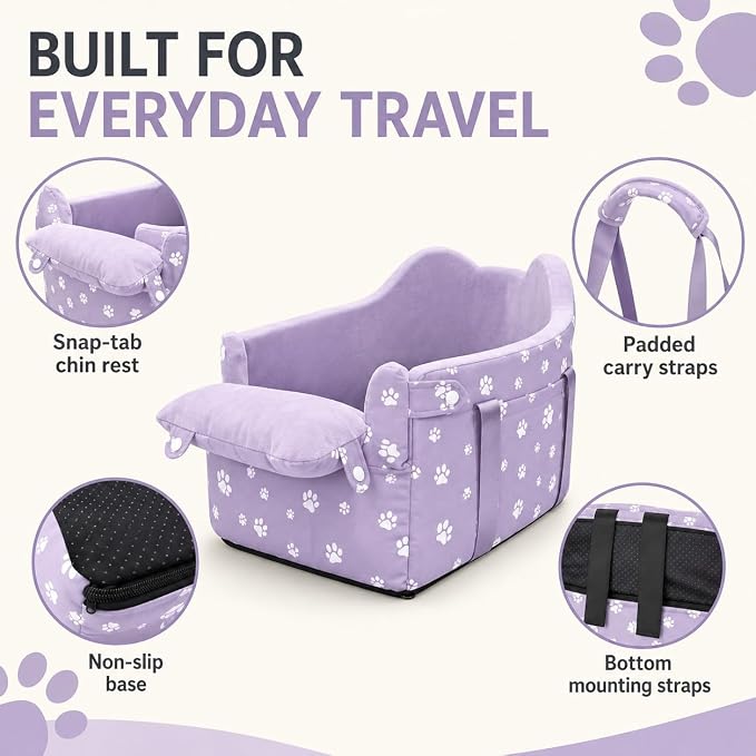 Center Console Dog Car Seat Safe Travel for Small Dogs Under 15 lbs Detachable Washable Pet Carrier with Storage Pockets & Safety Leash (Purple) - Image 5