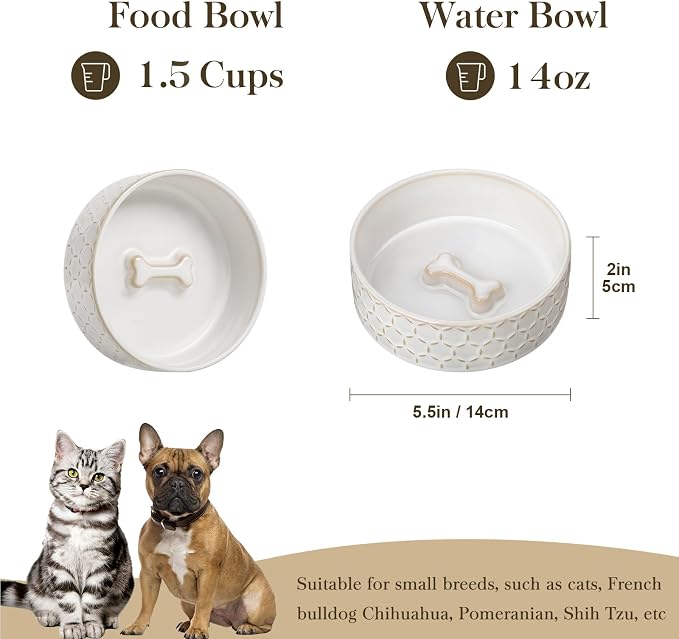 MALACASA Ceramic Dog Food Bowl, Water Dish for Small Breeds, 1.5 Cups | Honeycomb Pattern, Ceramic Pet Bowl, Food and Water Dish, Dishwasher and Microwave Safe, for Small Dogs and Cats - Image 2