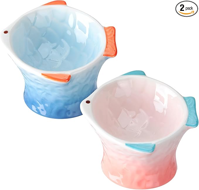 Tioncy 2 Pcs Raised Tilted Ceramic Cat Food Bowl Fish Shape Cute Elevated Slanted Shallow Angled Cat Dish Non Slip Feeder Bowl for Anti-Vomiting and Whisker Fatigue(Blue, Pink) by Tioncy
