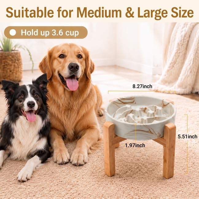 Elevated Ceramic Slow Feeder Dog Bowls Anti-Choking Slow Feeding for Medium& Large Anti-Slip Non-Lead & Toxic Durable Easy to Clean Maze Slow Feeder Bowl（8.66in Marble Brown Stars Pattern） - Image 3