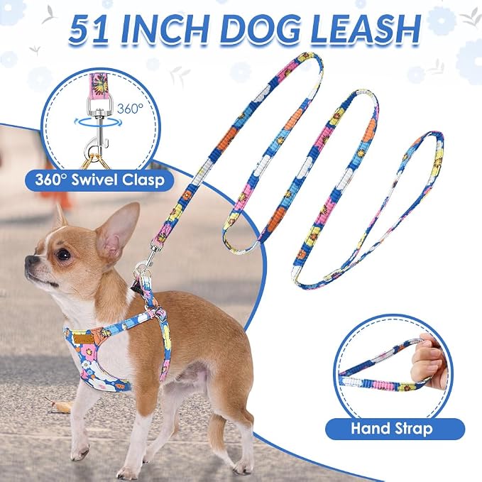 SlowTon No Pull Dog Harness with Leash for Small Medium Dogs, Blue S | Floral Pattern, Step-in, Lightweight, Easy Put On and Off, No Choke, Soft Cotton and Suede for Daily Walking - Image 4