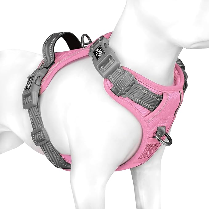 No Pull Dog Harness, Unique Colors Reflective Adjustable Dog Vest | with Soft Training Handle Metal Clips for Small Medium Large Dogs (Baby Pink Base & Grey Straps,M) by PHOEPET