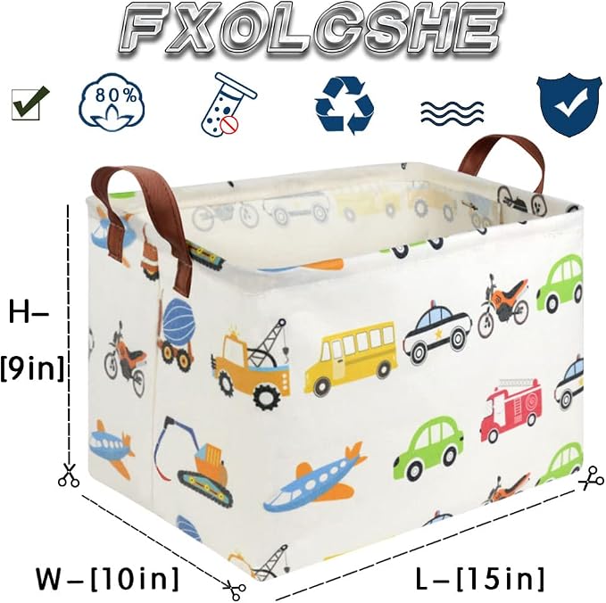 FXOLCSHE Rectangular Car basket,Car toy storage box,Collapsible Car Storage basket for boys,Waterproof PE Coating Storage,bedroom decor,Nursery hamper,Toy Organizer,Gift Basket(Vehicles) - Image 6