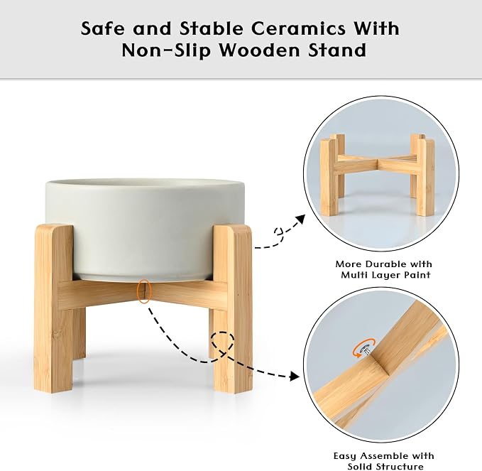 SPUNKYJUNKY Ceramic Elevated Dog Bowls 2 Pack - 6.1inch Raised Dog Bowls with Non-Slip Wooden Stand for Medium Dogs Dishwasher Safe(Grey,28.7OZ*2) - Image 4