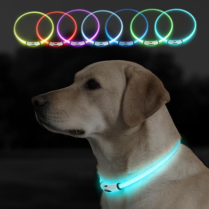 LED Dog Collar 7 Colors in 1, USB Rechargeable Waterproof Light Up Collar, 3 Flashing Mode for Night Walking Safety, TPU cuttable (70cm) by YOOGAO+Pet