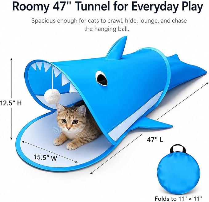 Blue Shark Cat Tunnel Toy, Collapsible Pop-Up Cat Play Tunnel with Interactive Hanging Ball & Storage Bag, Durable Polyester Interactive Cat Toy for Indoor Cats, Kittens - Image 4