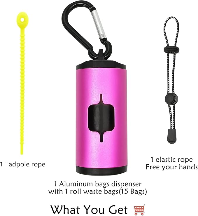 YUCHIYA Aluminum Dog Poop Bags Holder with Carabiner Metal Pet Waste Bags Dispenser with Hook and Loop Fastener and Elastic Cord to Carry Used Bags (Pink, 1 Holder 15 Bags) - Image 6