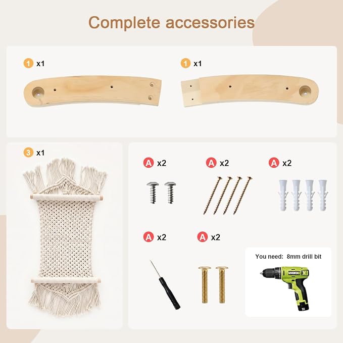 Macrame Cat Wall Shelves & Hammock - Comfy Cat Beds with Window Perch for Indoor Cats, Sleeping & Climbing, Cotton Rope, Natural Wood, Maximum Hold up to 30lb, Beige White - Image 5