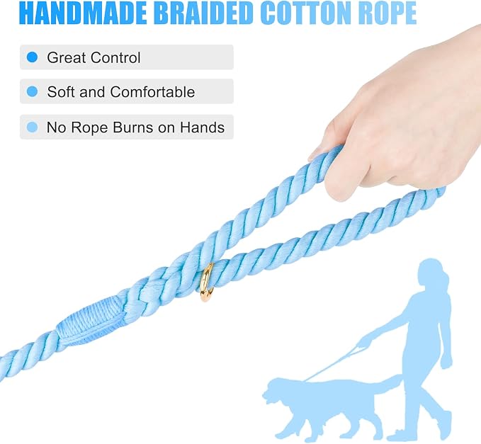 6 FT Handmade Rope Dog Leash for Small Medium and Large Dogs | Soft and Comfortable Grip, New Golden Heavy Duty Metal Clasp, Light Blue - Image 3