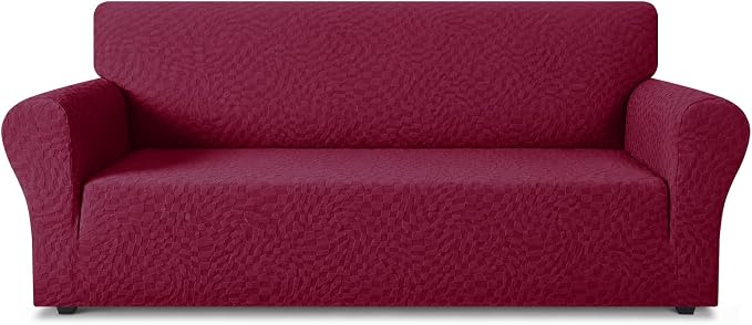 ZNSAYOTX 1 Piece Stretch Sofa Covers for 3 Cushion Couch (72"-90"), New Plaid Couch Cover with Non-Slip Buckle for Dog Pets, Ultimate Soft Cozy Washable Sofa Slipcover Form Fit Protector, Wine Red by ZNSAYOTX