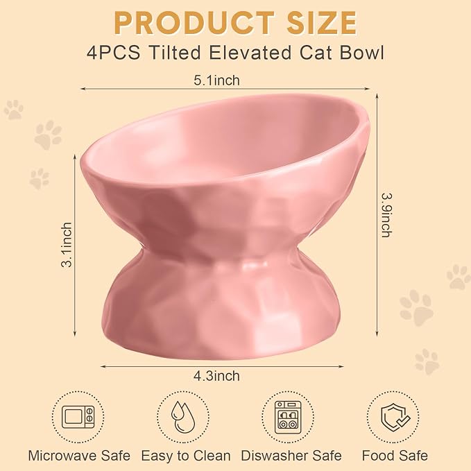 4 Pcs Ceramic Raised Cat Bowl 6.8 oz Pet Food Bowl Anti Vomiting Pet Elevated Dog Feeder Tilted Cat Water Bowl Feeding Kitten Dishes for Small Dog Kitten(White, Yellow, Blue, Pink) - Image 2