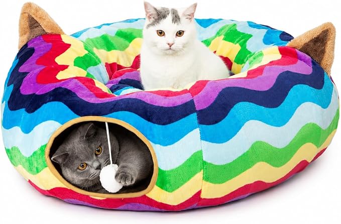 Large Cat Tunnel Bed Under Christmas Tree with Fluffy Toy Balls, Small Cushion and Flexible Design- 10 inch Diameter, 3 ft Length- Great for Cats, and Small Dogs, Rainbow Wave Color by MAKEPETLUCKY-WelcometoCatTunnelClub