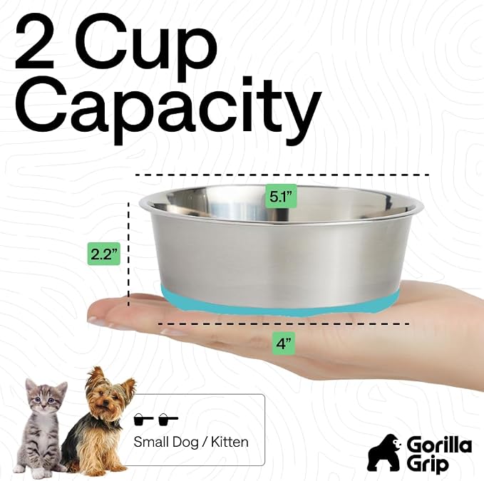 GORILLA GRIP Dog Bowls, Food Grade Stainless Steel, 2 Set, 2 Cup, Turquoise | 304 Stainless Steel Pet Feeding Bowls Hold 16 fl oz Each, Dishwasher Safe, Rust Resistant, BPA Free Rubber Base - Image 4