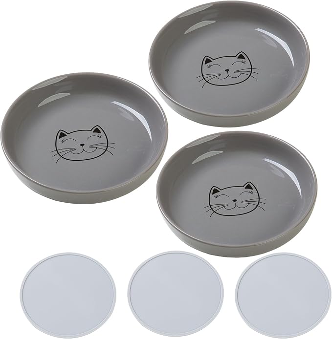 Lusifaco Shallow Wide Cat Food Bowls Anti Whisker Fatigue (Grey, 3 Pack) | 5.9 Inch 2 Height Raised Ceramic Cat Dishes with Bamboo Stand, Flat Pet Water Food Plates Feeding Station for Indoor Kitten by MakesMealsMoreEnjoyable