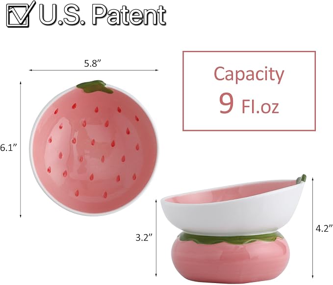 Ceramic Raised Cat Bowl, Pink, Strawberry Shaped | Elevated Food Bowl, Indoor Cats, Anti-Vomiting & Spine Protection, Cute Tilted Pet Dish, For Flat-Faced Cats and Kittens - Image 2