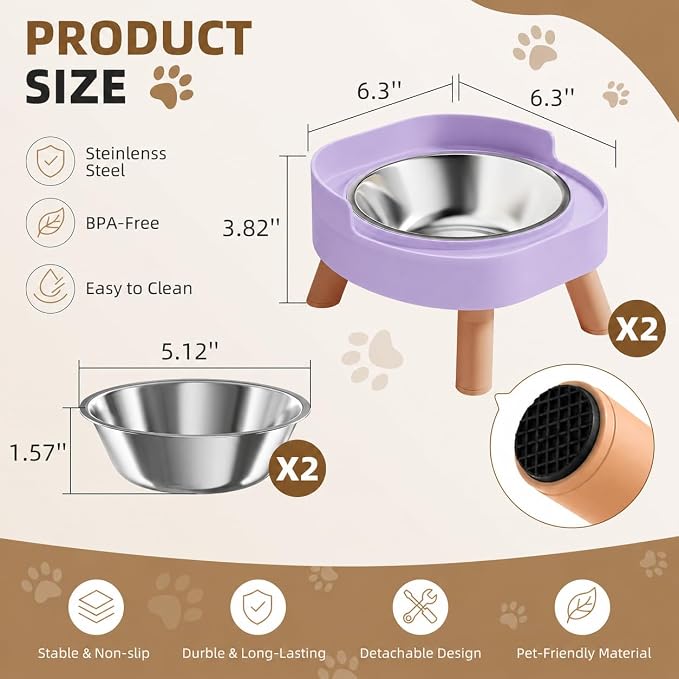 Elevated Cat Bowls, 2P Raised Cat Food and Water Bowl Set for Indoor Cats, Splash Proof with 2 Stainless Steel Pet Food Bowls for Cats ＆ Puppies, Whisker Friendly and Dishwasher Safe - Purple - Image 6