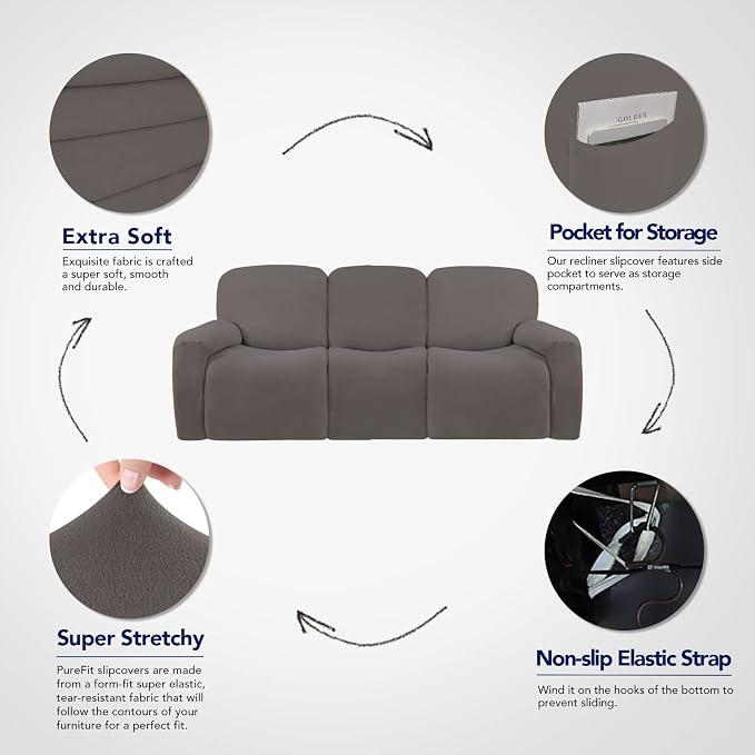 PureFit Super Stretch 3 Seats Recliner Sofa Couch Cover with Pocket | Non Slip Soft Sofa Slipcover, Washable Spandex Reclining Furniture Protector for Kids, Pets (Recliner Sofa, Taupe) - Image 3