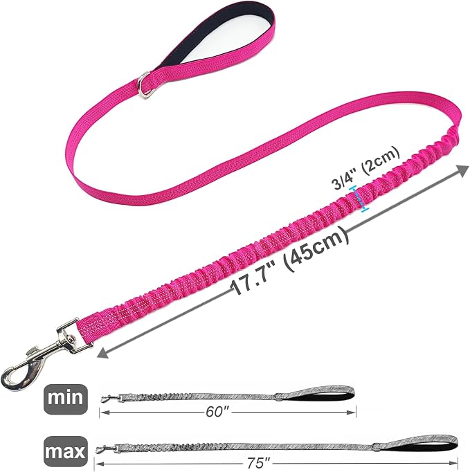 5FT Bungee Dog Leash Shock Absorbing Lightweight Small Medium Dogs | Reflective Nylon Lead 2cm Wide- Soft Handle- Anti-Pull Training- 6 Colors (Pink) - Image 3
