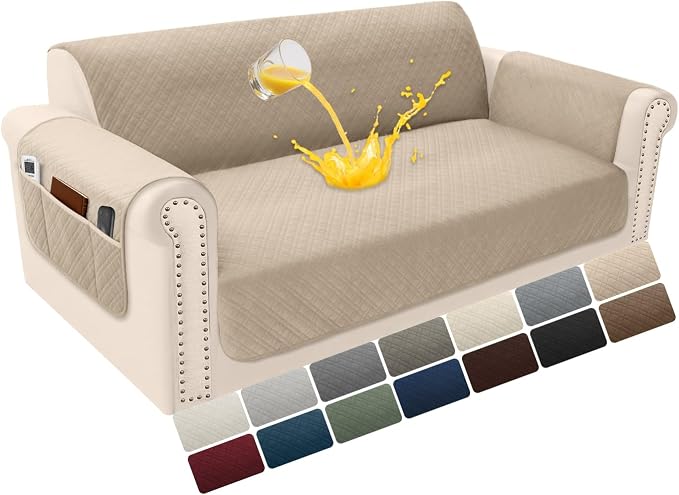 Velvet 100% Waterproof Loveseat Covers Washable Love Seat Couch Covers for 2 Cushion Couch Sofa Pet Friendly Sofa Slipcovers for Dogs Furniture Protector with Pockets (Medium, Light Khaki) by YUEVELLASofaCover