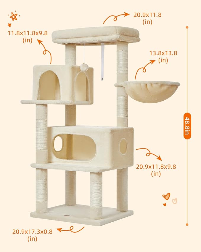 Taoqimiao Cat Tree, 49In Cat Tower for Indoor Cats Large Adult | 2 Luxurious Cat Condos, Thick Padded Top Perch, Adjustable Hanging Baskets, 5 Scratching Sisal Posts, Beige MS029LM - Image 2