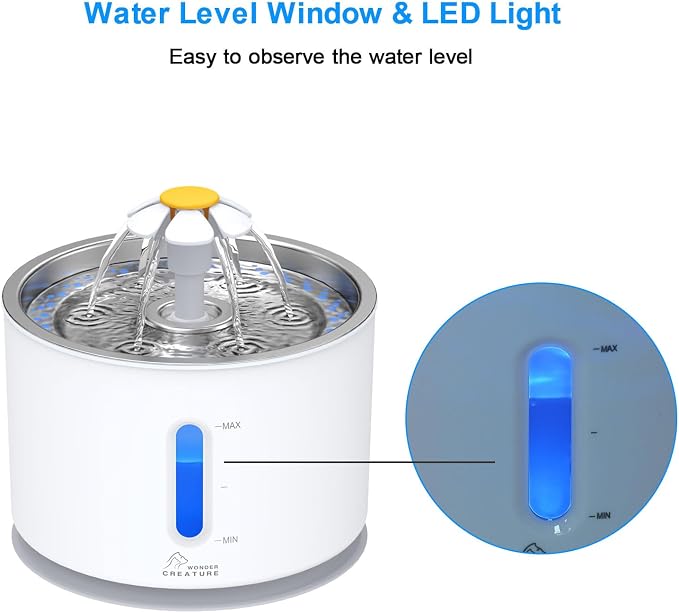 Wonder Creature Cat Water Fountain Stainless Steel Lid with 4 Filters, 81oz | 2.4L Pet Fountain with 4 Filters, 4 Sponges, Quiet Pump, Water Level Window, Stainless Steel Lid for Cats and Dogs - Image 4