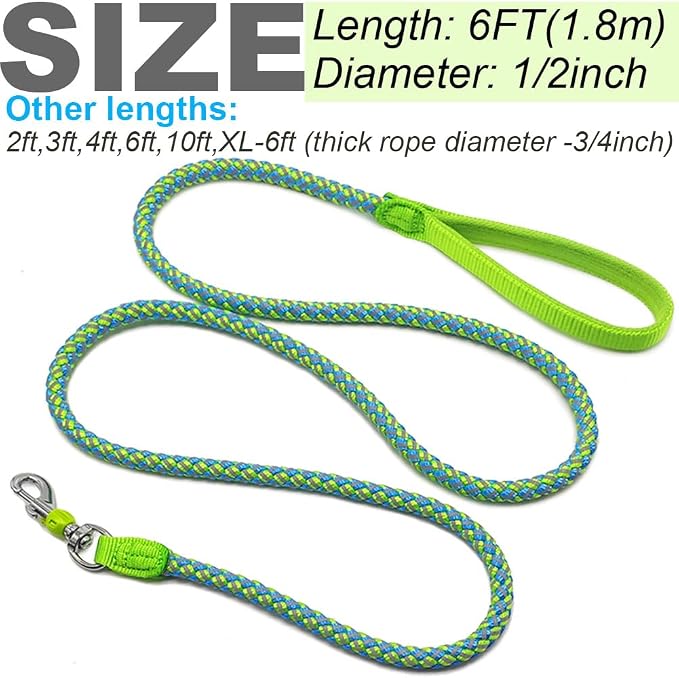 Reflective Dog Leash 2/3/4/6/10ft Braided 1/2" Strong Nylon Rope | 6ft Green Dog Leash for Large Medium Small Dogs Walking Training Leads - Image 6