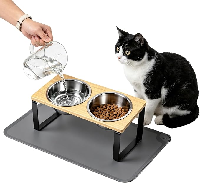 Elevated Tilted Cat Food Bowls with Mat, 304 Stainless Steel 2 Water Bowls1 | 15° tilted elevated cat feeder anti-vomiting, reduces whisker fatigue; 2 detachable stainless bowls fit cats & small dogs by OneBug