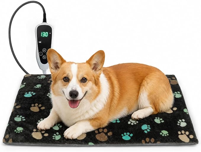 Pet Heating Pad 20x16 in with Smart Thermostat Switch and Power Line Protection Tube,Obtained MET and UL Dual Certification,Waterproof Pet Heating Pad for Dogs with Plush Fabric Cover-Black by Afullrangeofservicesforyourpet