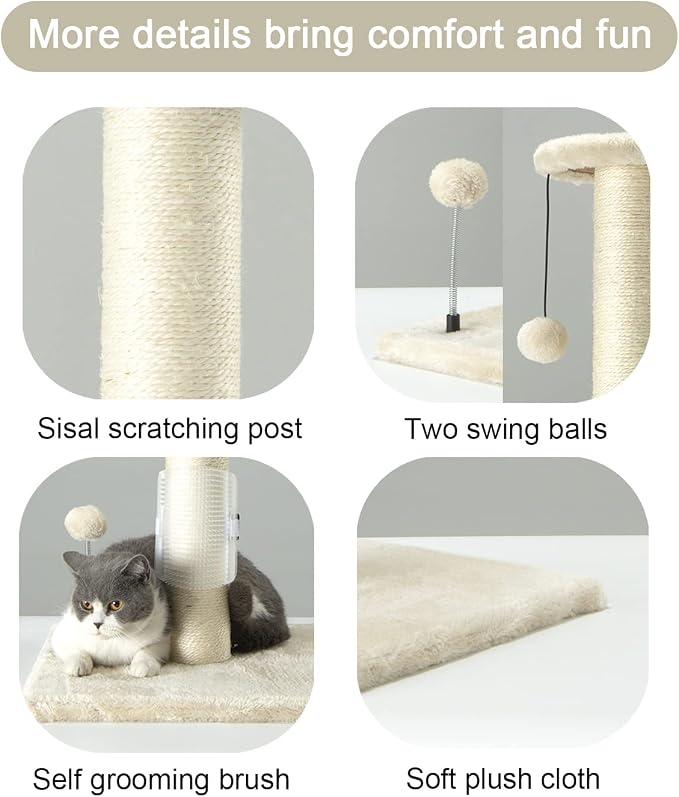 PEEKAB 32" Tall Cat Scratching Post Sisal Rope Scratch Posts with Hanging Ball and Self-Massage Brush Vertical Scratcher for Indoor Cats and Kittens(Beige 32inches) - Image 4