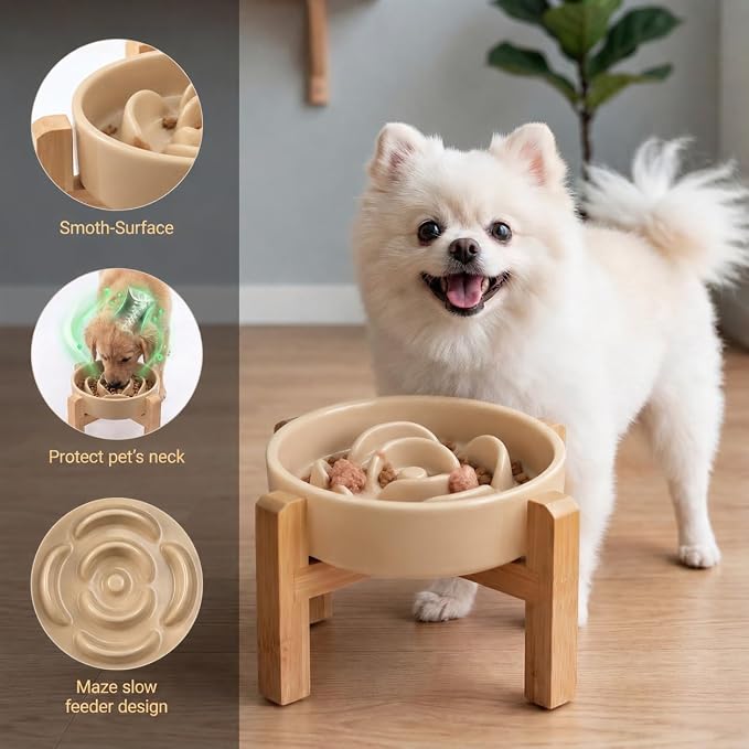 Elevated Ceramic Slow Feeder Dog Bowls Anti-Choking Slow Feeding for Small&Medium Size Anti-Slip Non-Lead & Toxic Durable Easy to Clean Maze Slow Feeder Bowl（8.26in Khaki Flower Pattern） - Image 3