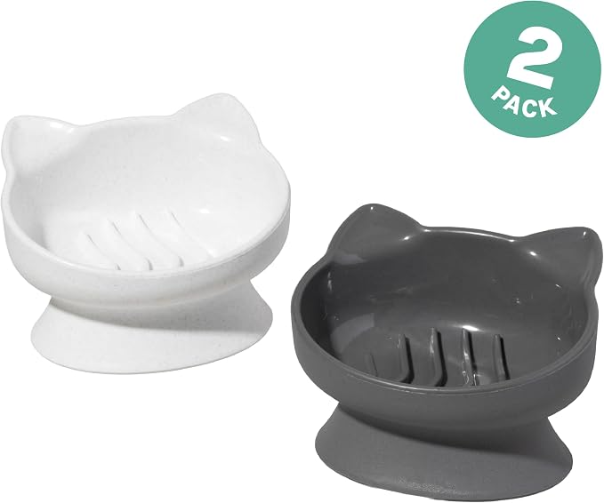 Kitty City Elevated Slow Feeder Cat Bowls (Set of 2), Whisker-Friendly Raised Cat Food Dishes with Ridges, Helps Reduce Fast Eating & Digestion Issues, Dishwasher Safe, 6.5 oz – White & Gray - Image 3